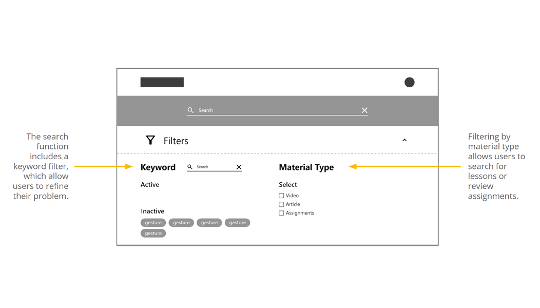 Digital wireframe of the search function, including a keyword and material type (i.e. by video or article) filter