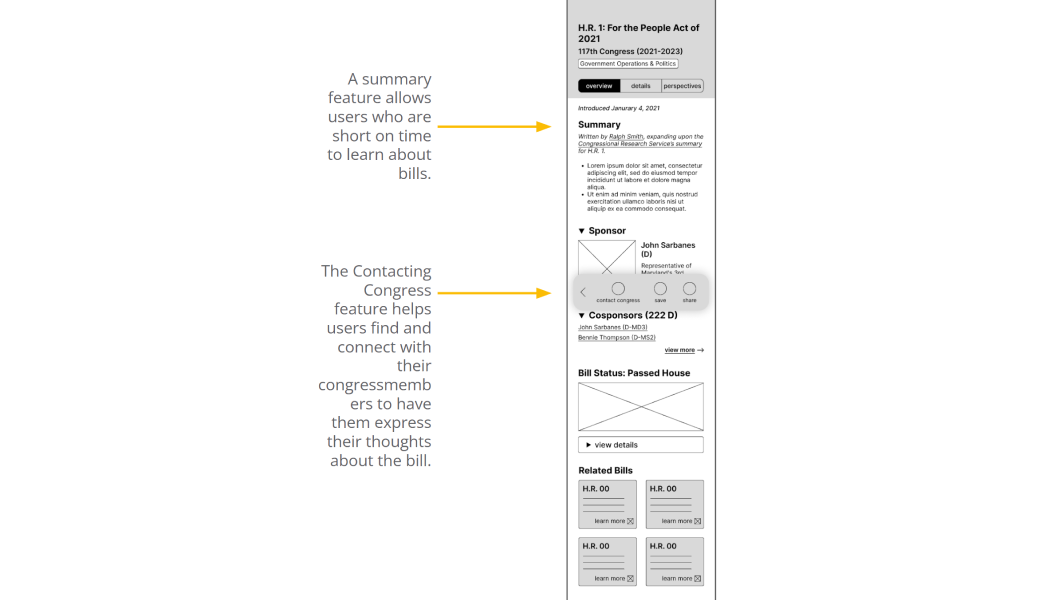 Digital wireframe of the bill page, providing a summary and contacting Congress feature