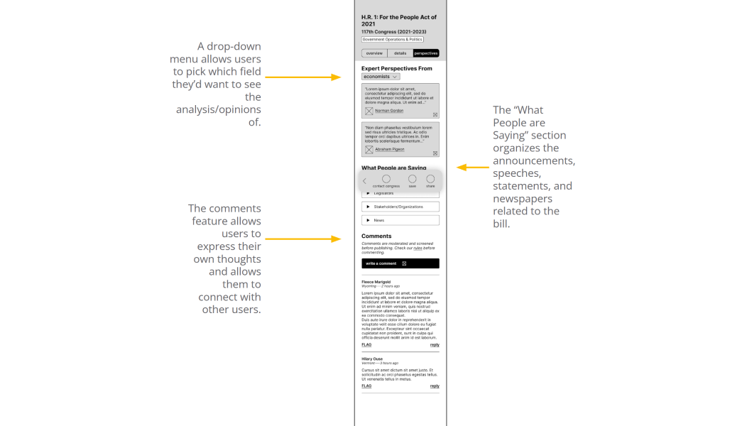 Digital wireframe of the perspective section of the bill page, including a drop-down menu for users to pick which profession they&rsquo;d like to view the analysis or opinions of