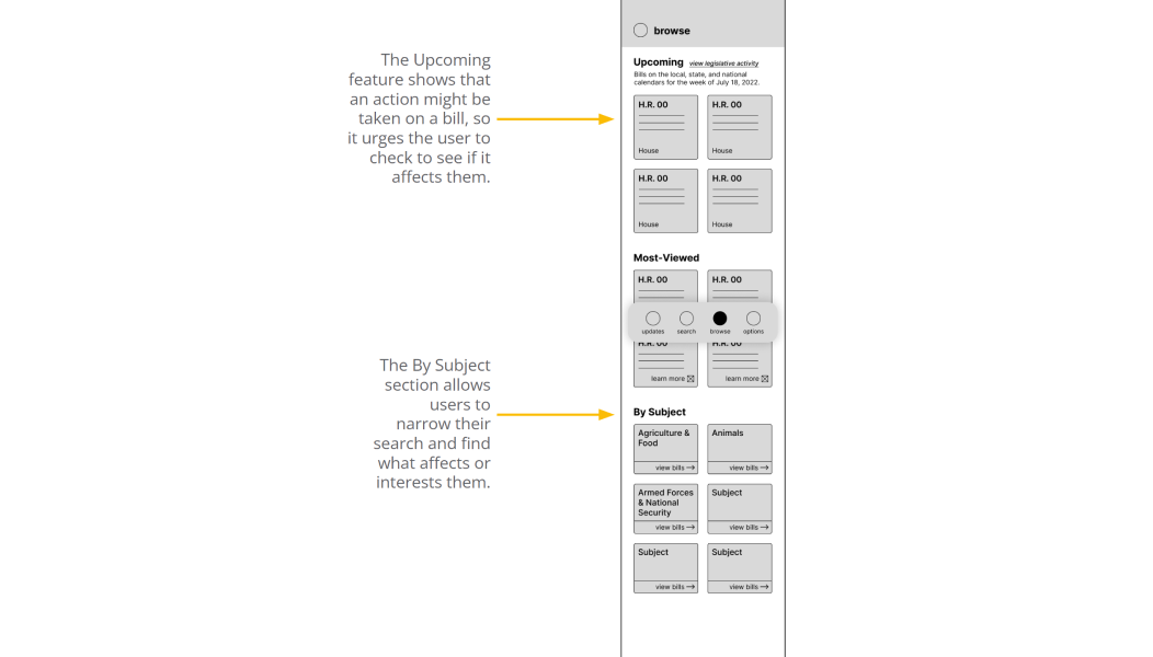 Digital wireframe of the home page, having an Upcoming section that shows what bills are coming up in the legislative calendars for that week, which urges the user to check if it affects them