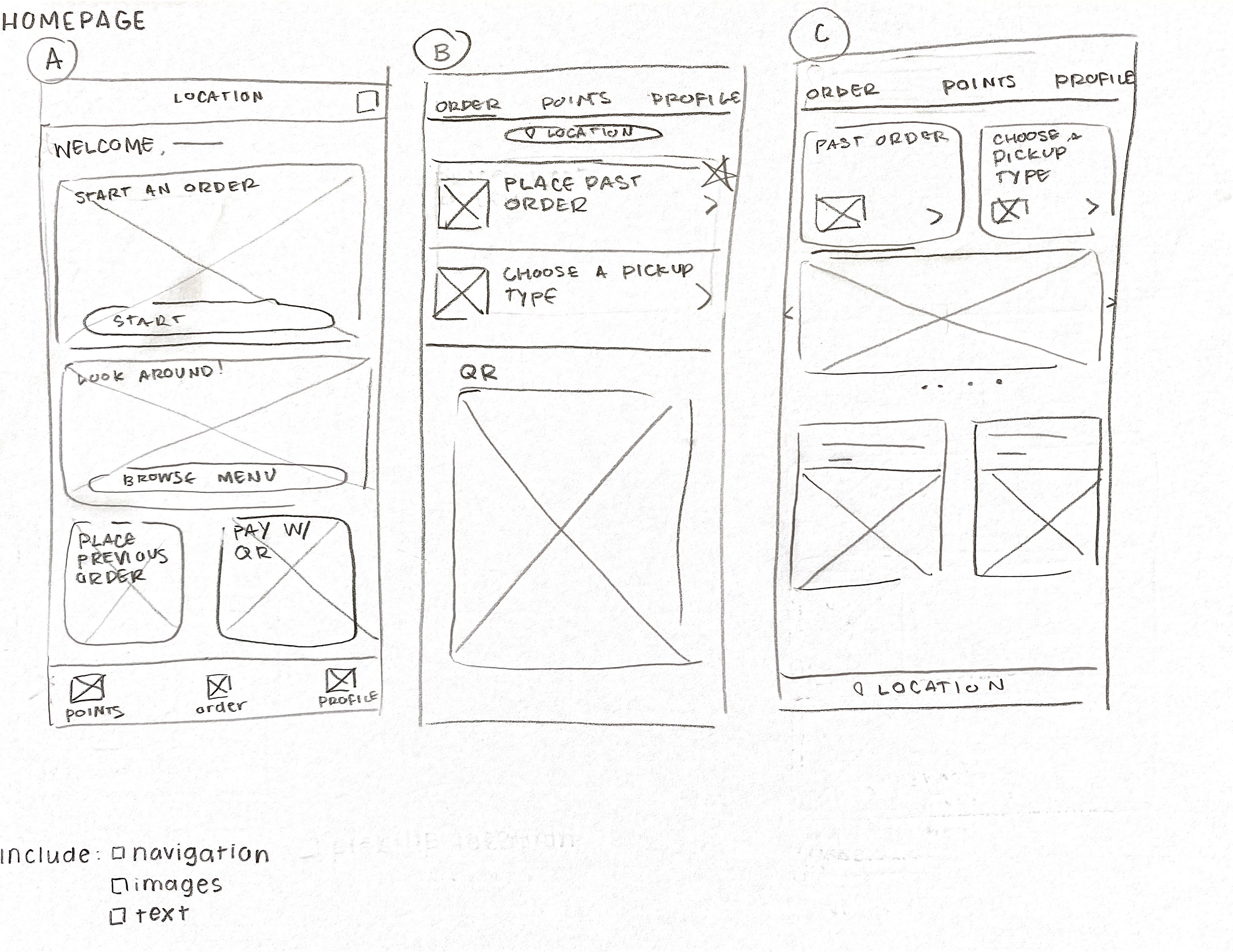 Three wireframe sketches of the home screen