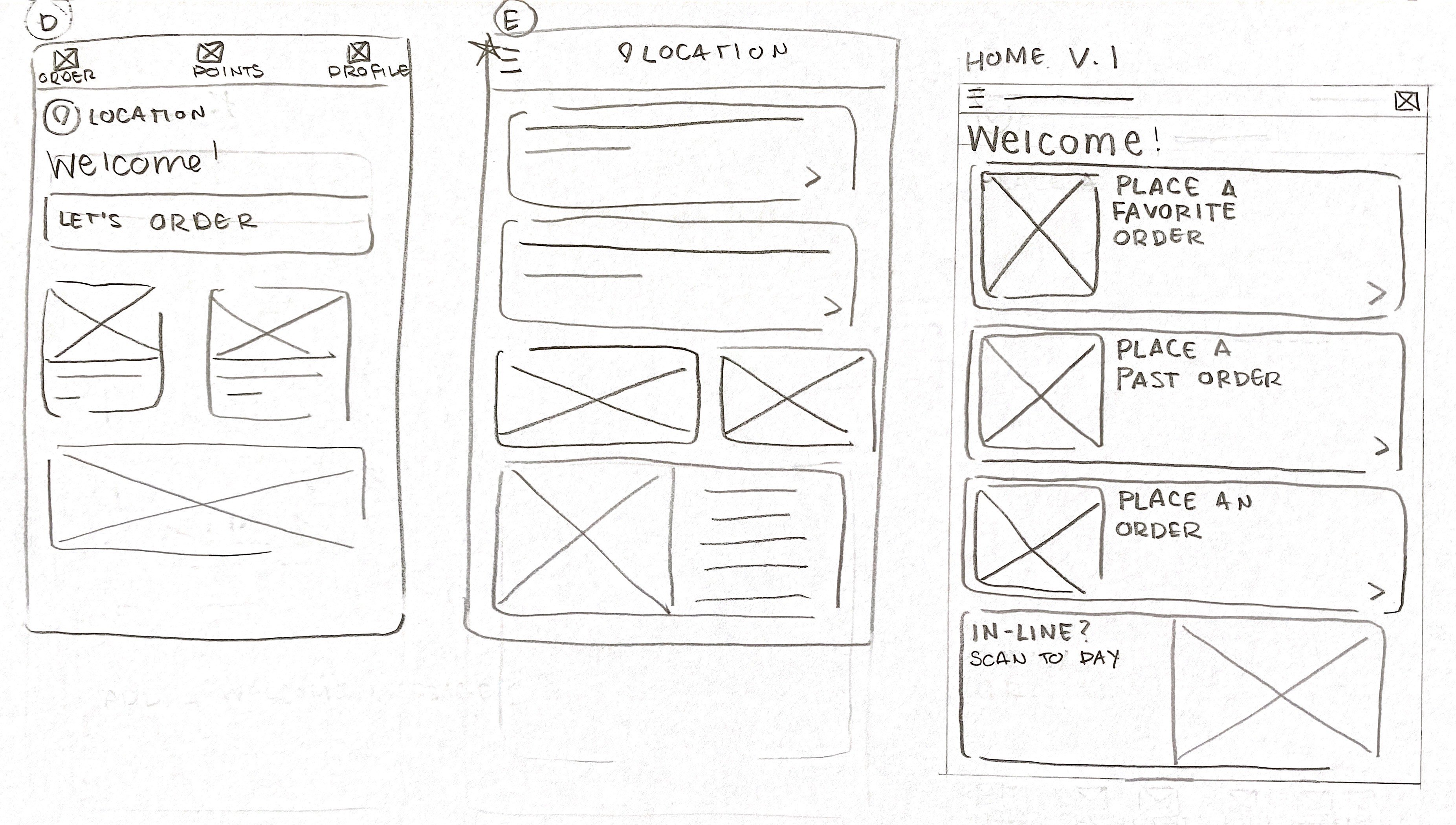 Three wireframe sketches of the home screen